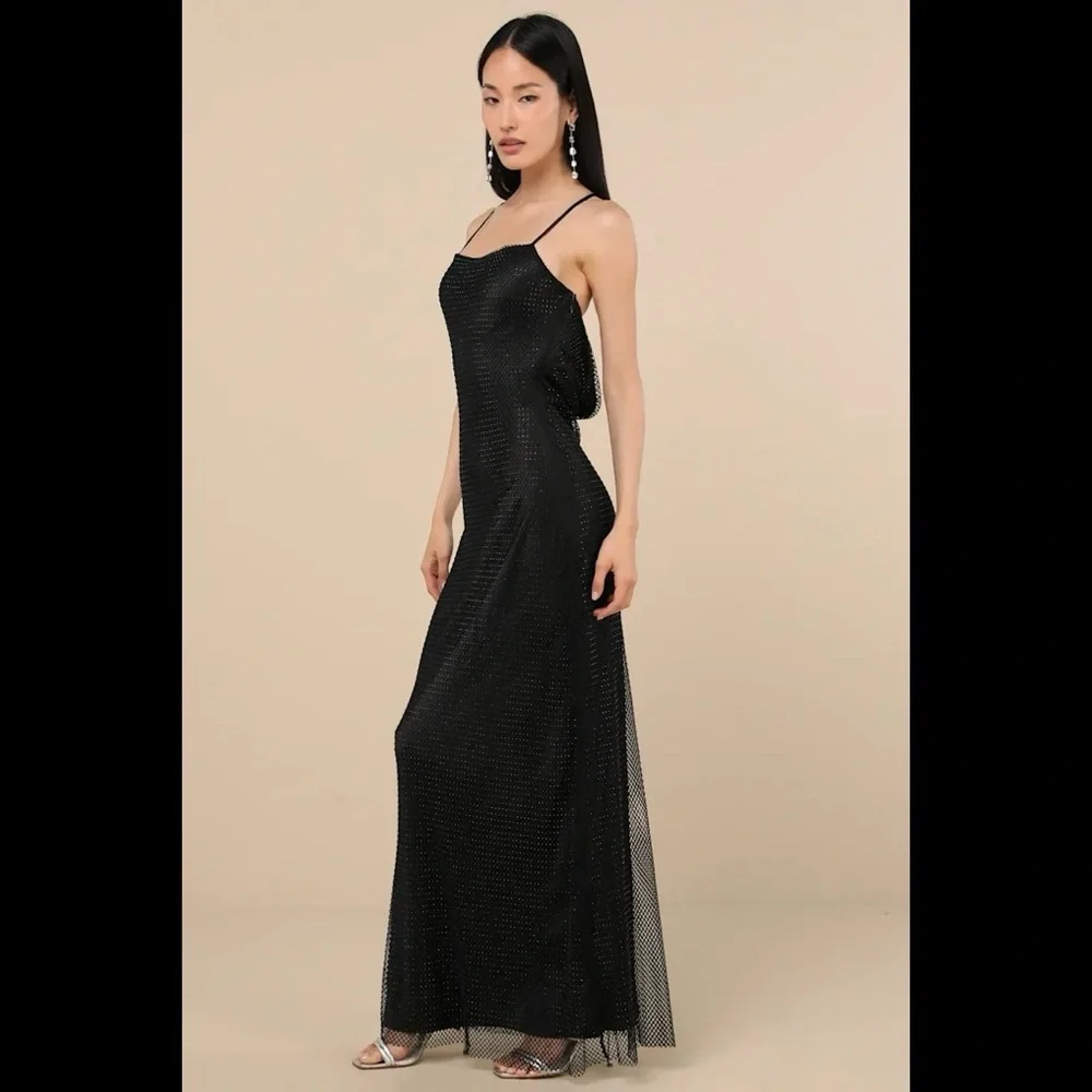 NWT LULUS Maxxine Black Fishnet Rhinestone Column Maxi Dress - Picture 4 of 4